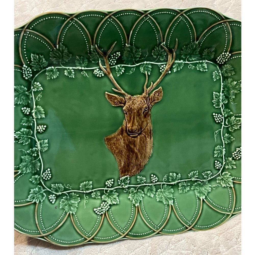 Bordallo Pinheiro Woods Deer Platter Tray Green Buck Portugal 18.75" Bosque Hunt - Picture 3 of 13